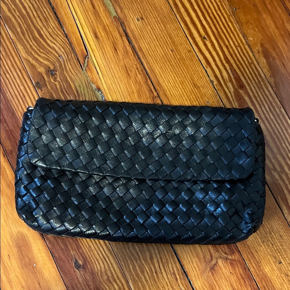 Barneys New York Black Woven Leather Clutch/Crossbody